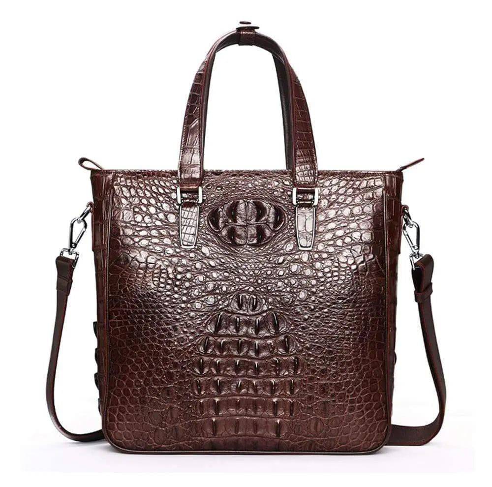 Rossie Viren crocodile leather tote bag with simple square design, featuring sleek handles and textured crocodile pattern.