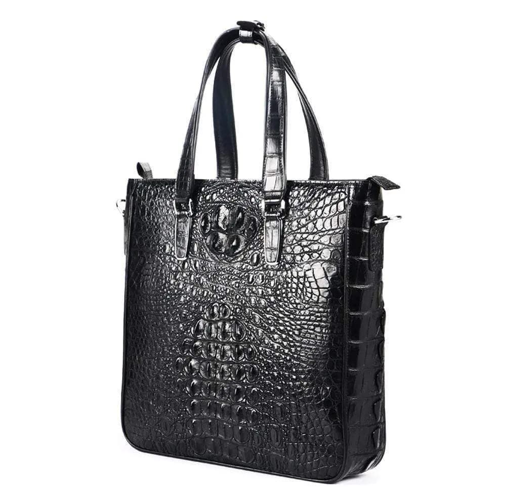 Rossie Viren crocodile leather tote bag with a simple square design, featuring a sleek, structured handbag with sturdy handles.
