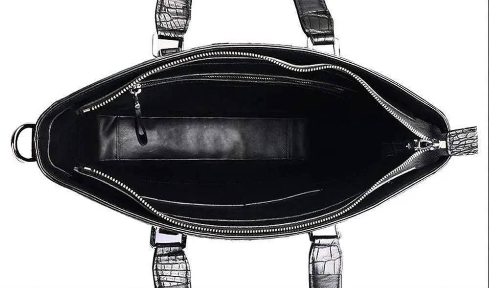 Crocodile leather simple square tote bag by Rossie Viren, featuring a minimalist design with sturdy handles and sleek texture.