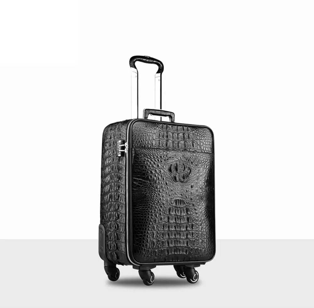 Rossie Viren crocodile leather 4-wheeled trolley suitcase with sleek design, durable traveling luggage bag for stylish journeys.