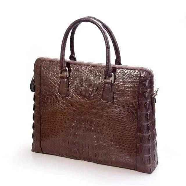 Rossie Viren crocodile leather briefcase with handle and shoulder strap, designed for business, laptop, and messenger use.