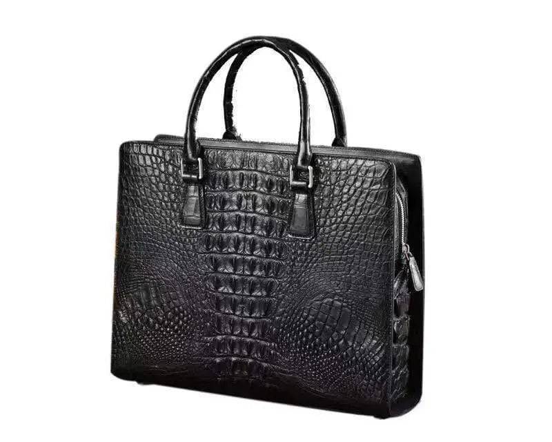 Rossie Viren crocodile leather briefcase handbag with polished metal accents and sturdy handle, showcasing luxurious craftsmanship.
