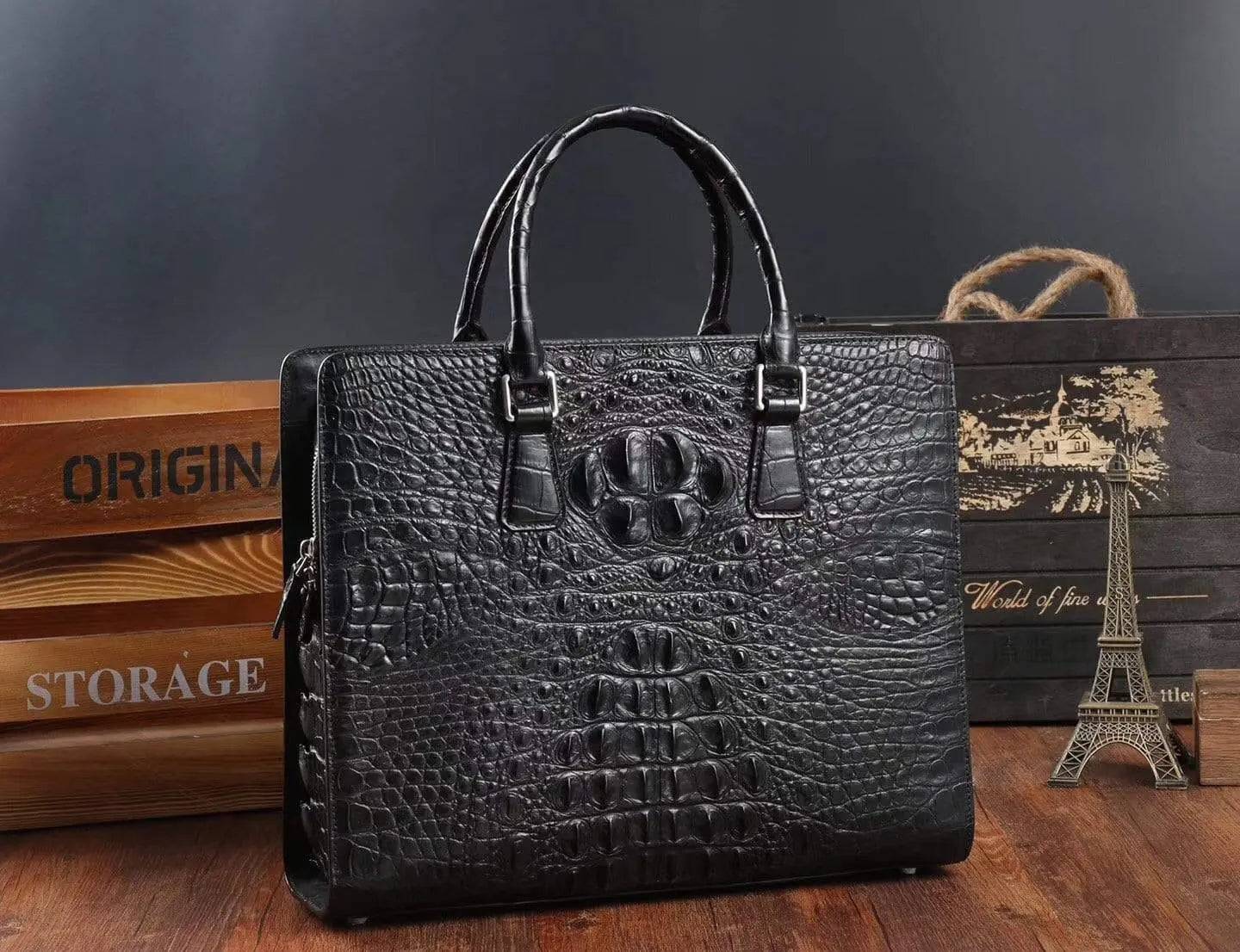 Rossie Viren crocodile leather briefcase handbag with textured finish and sturdy handle for professional use.