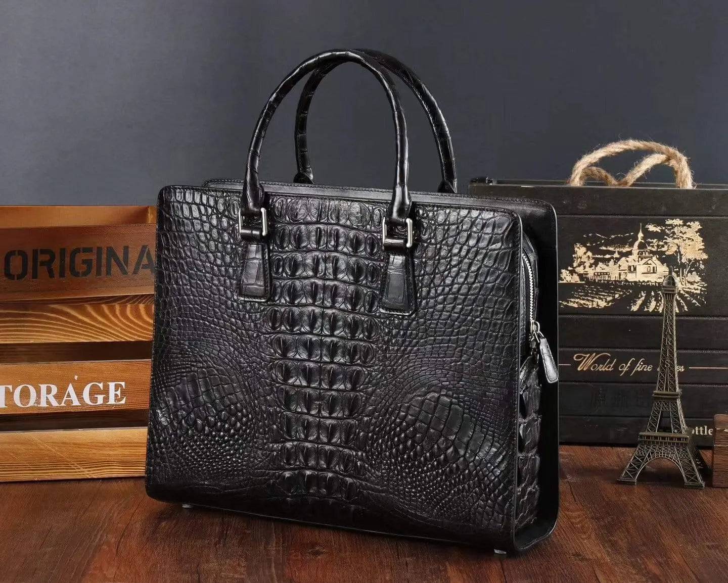 Rossie Viren crocodile leather briefcase handbag with sturdy handle and sleek design, perfect for professional use.