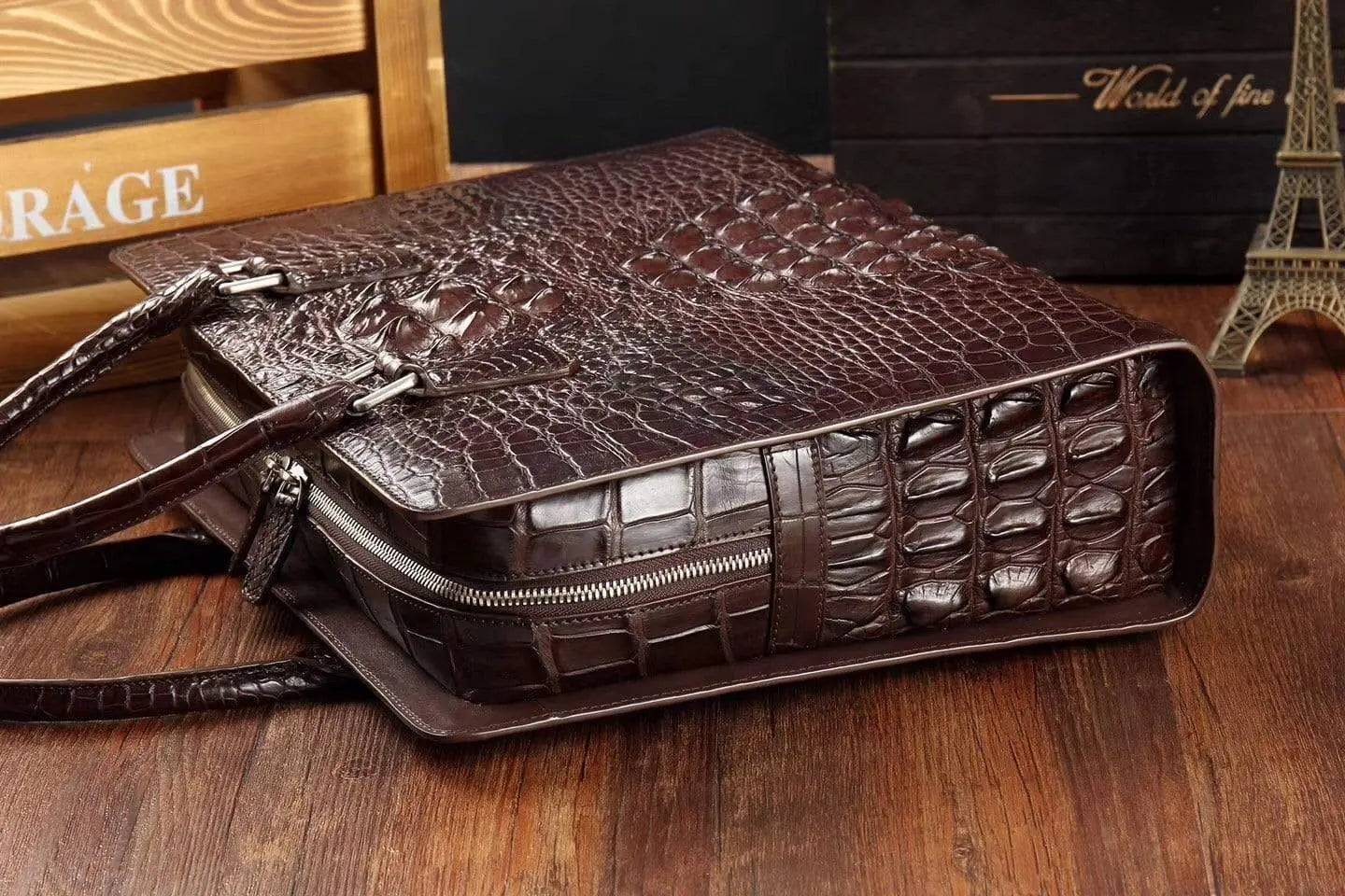 Rossie Viren crocodile leather briefcase handbag with textured crocodile skin and sturdy handle, front view.