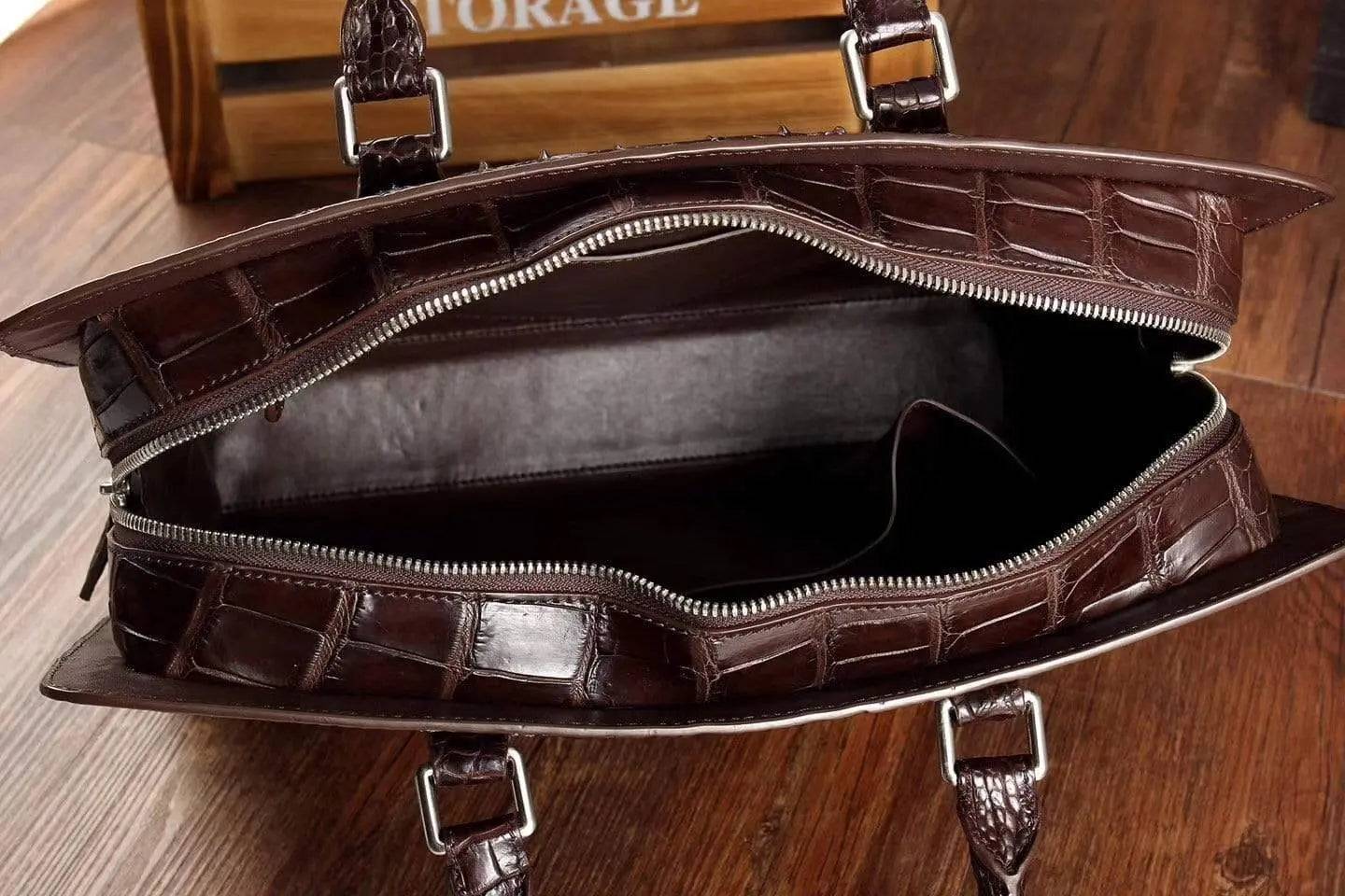 Rossie Viren crocodile leather briefcase handbag with sleek design and textured crocodile pattern on top view.