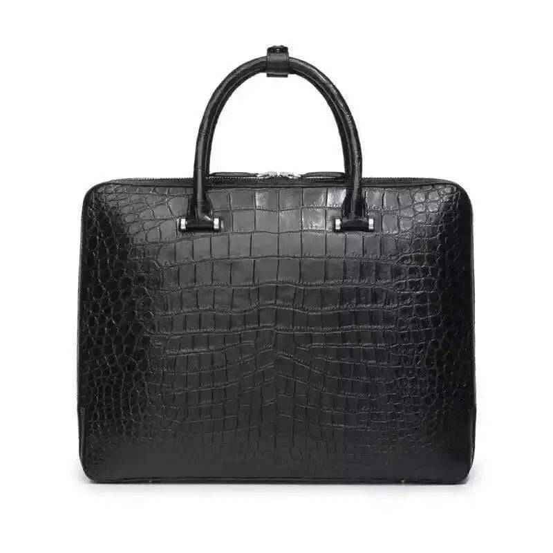 Black crocodile leather briefcase handbag by Rossie Viren, showing sleek textured exterior and sturdy handle.