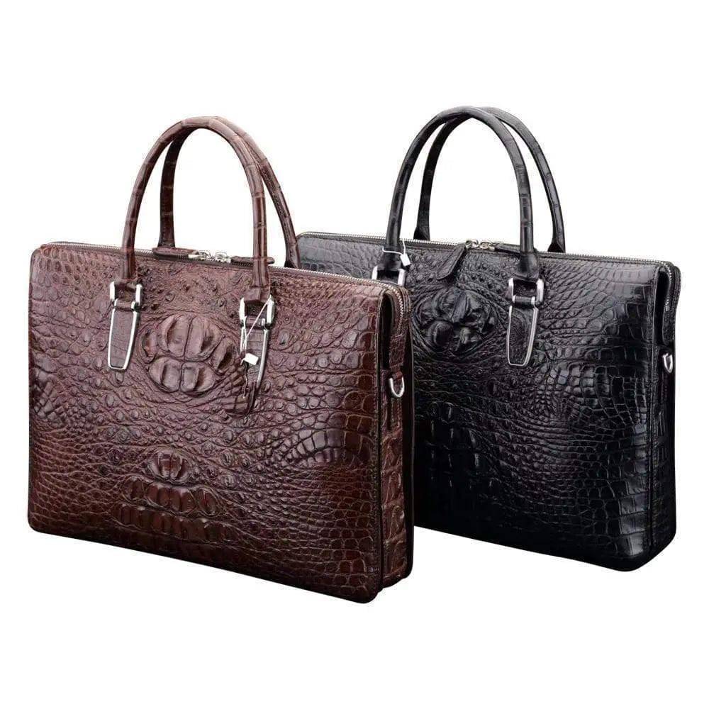 Crocodile leather men's briefcase by Rossie Viren, featuring a sleek, structured handbag with a top handle and polished hardware.
