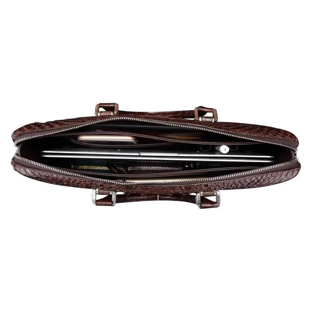 Rossie Viren crocodile leather briefcase for men, featuring a sleek black handbag with textured crocodile pattern and sturdy handles.
