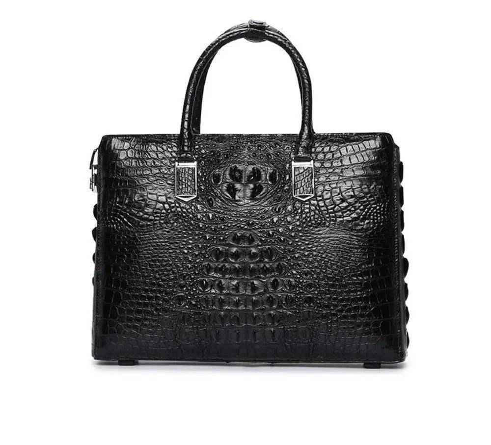 Rossie Viren crocodile leather briefcase laptop bag with sleek design and sturdy handle, showcasing textured crocodile pattern.