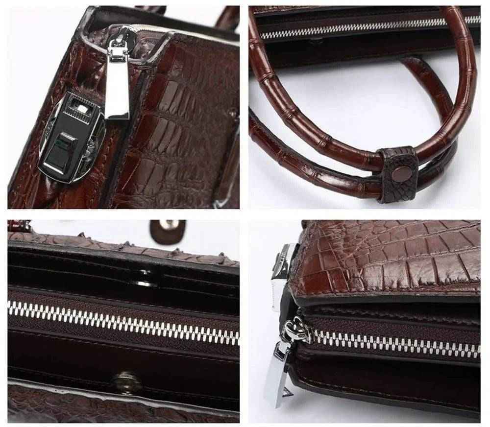 Rossie Viren crocodile leather briefcase laptop bag, stylish handbag with textured crocodile pattern and sturdy handle.