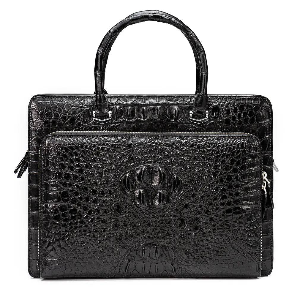 Rossie Viren crocodile leather briefcase handbag with a laptop compartment, featuring a sleek, textured crocodile pattern.