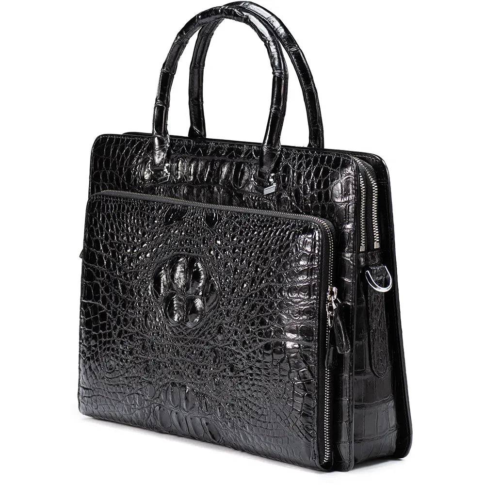 Crocodile leather briefcase laptop handbag by Rossie Viren, featuring a sleek design with sturdy handles and secure closure.