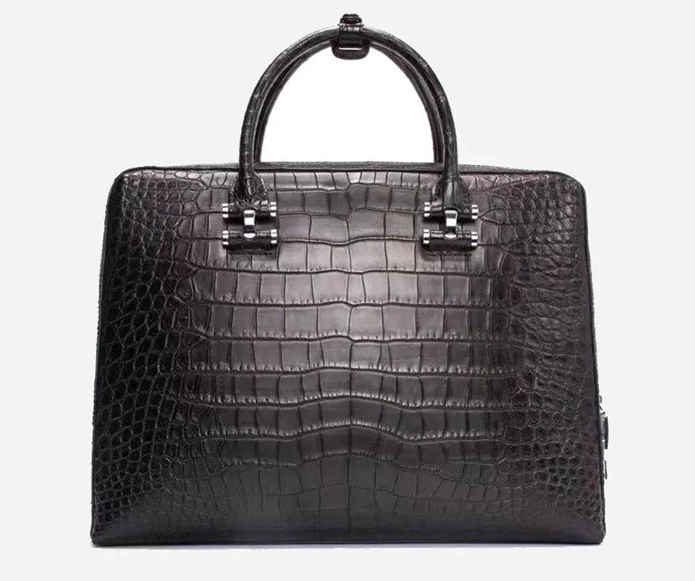 Crocodile leather briefcase for men with shoulder strap, password lock, and computer compartment from Crocodile Leather Bags and Shoes.
