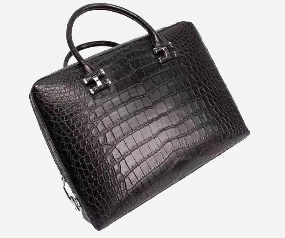 Crocodile leather briefcase for men with shoulder strap, password lock, and compartments for laptops and business essentials.