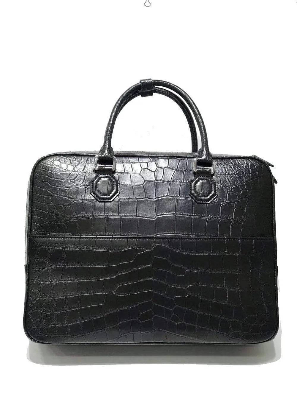 Large crocodile leather briefcase by Rossie Viren, stylish business bag with textured crocodile skin and sturdy handles.