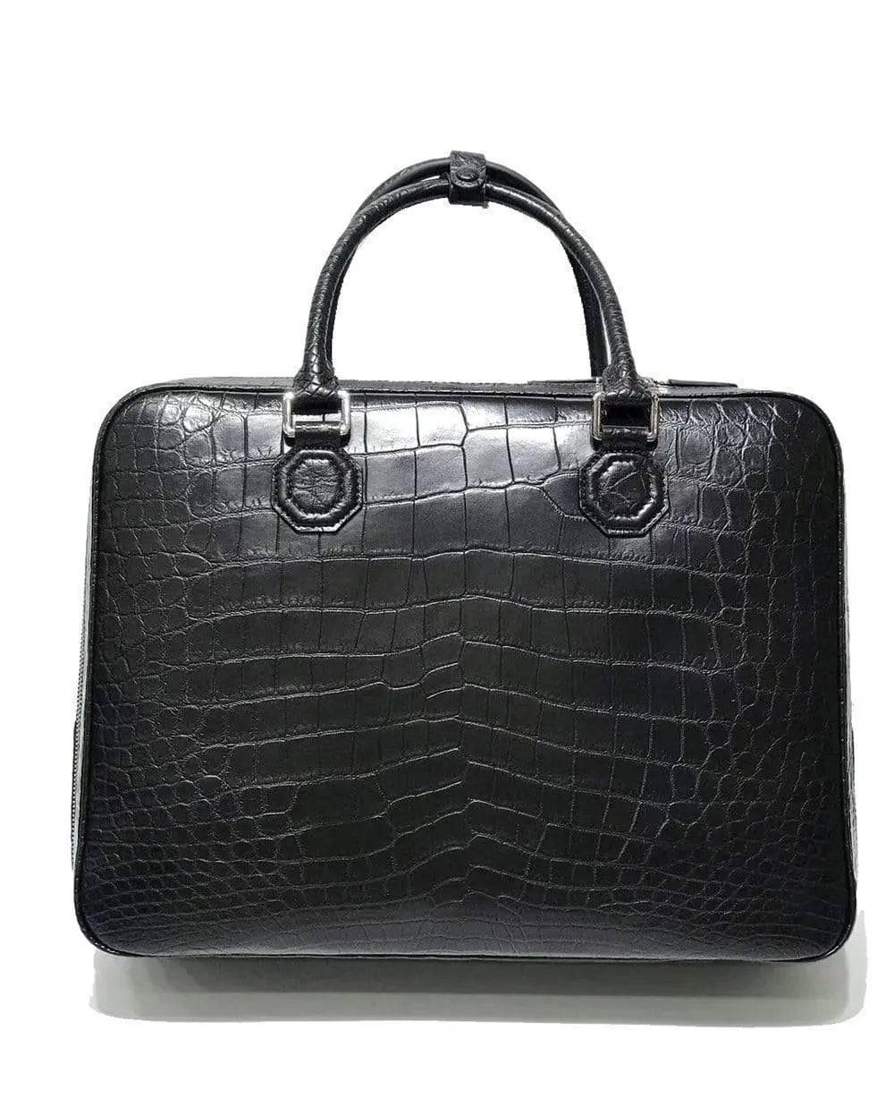 Large crocodile leather briefcase by Rossie Viren, stylish business bag with textured crocodile pattern and sturdy handles.