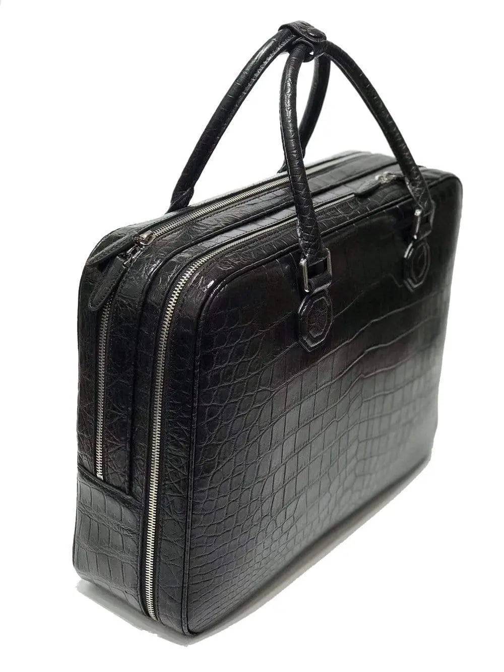 Large crocodile leather briefcase by Rossie Viren, stylish business bag with textured crocodile pattern and sturdy handles.