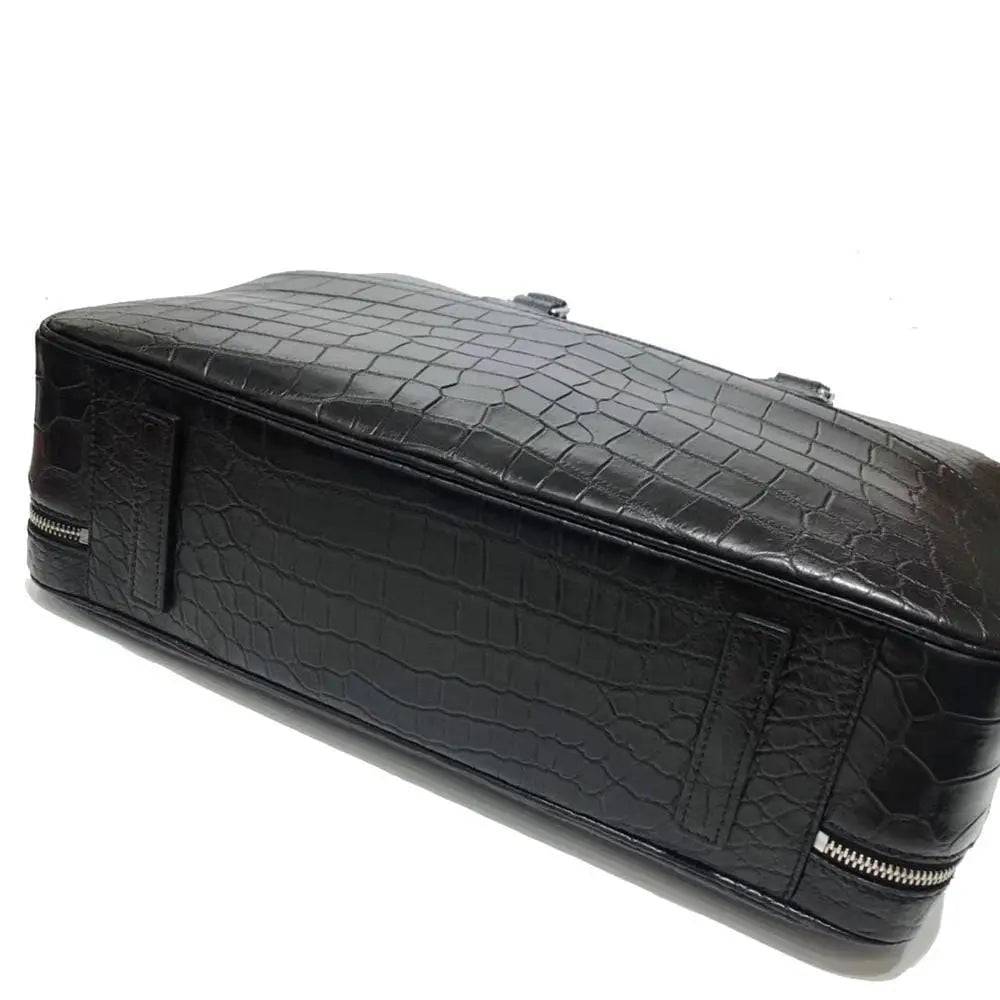 Large crocodile leather briefcase by Rossie Viren, premium business bag with textured crocodile skin and sturdy handles.