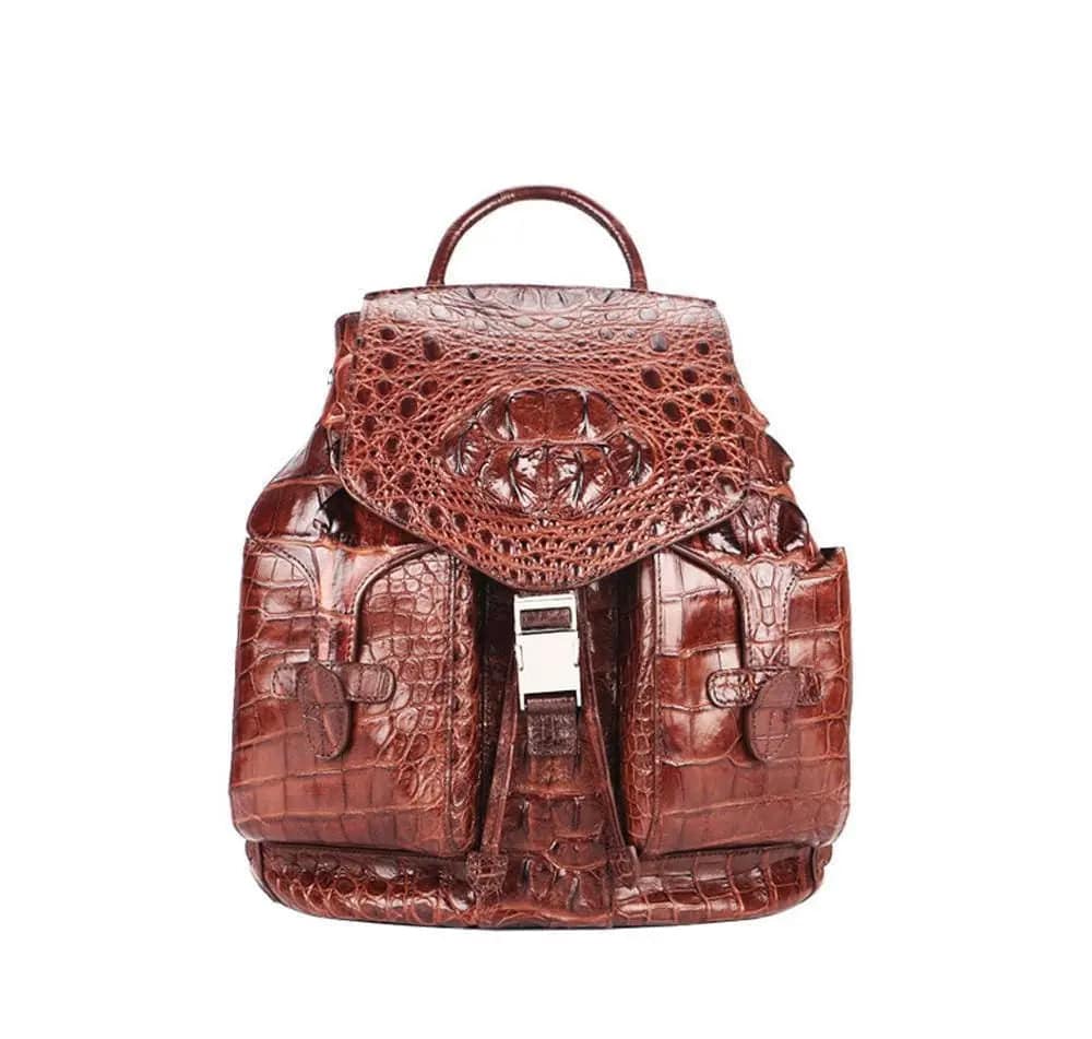 Rossie Viren crocodile leather city backpack handbag with sleek design and sturdy straps, featuring a textured crocodile pattern.