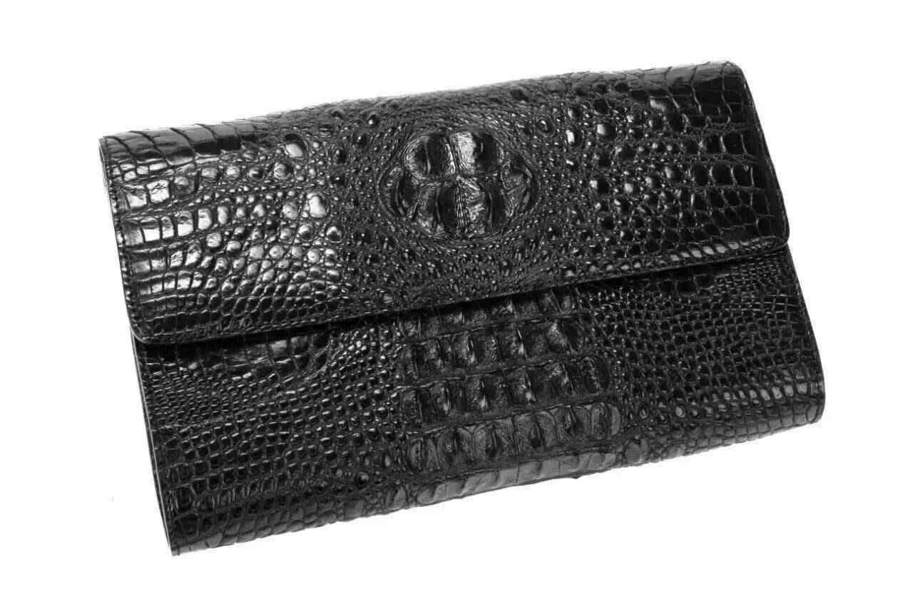 Crocodile leather clutch shoulder bag for men by Rossie Viren, featuring a sleek design and textured crocodile pattern.
