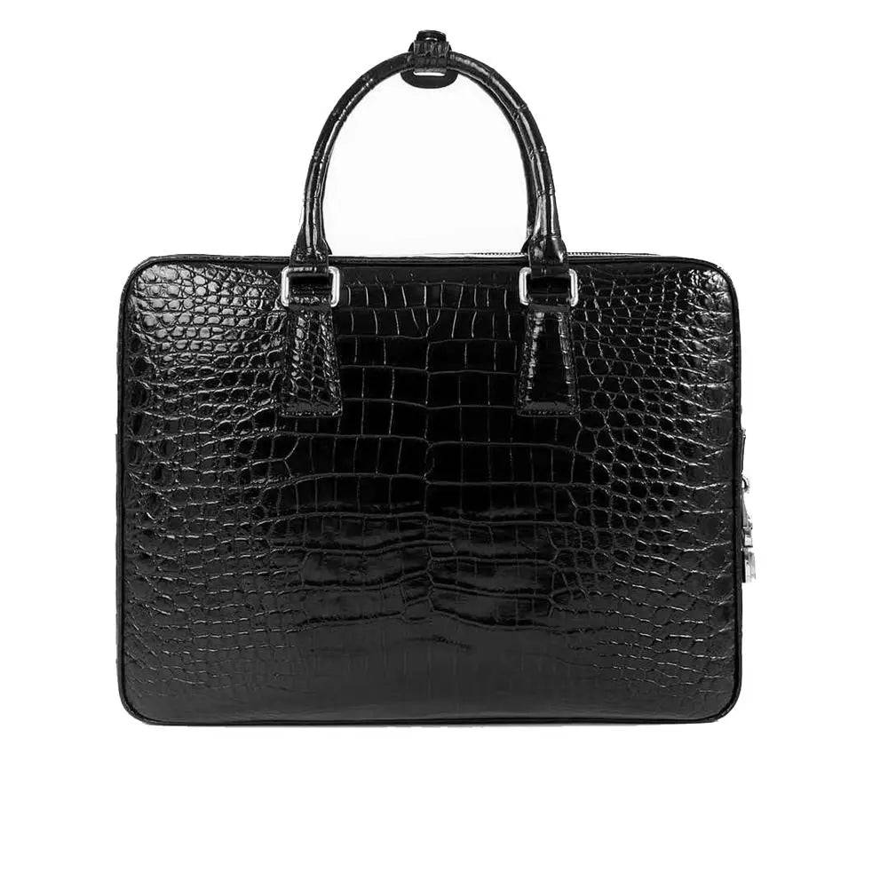 Rossie Viren crocodile leather laptop briefcase with combination lock, featuring a sleek handbag design and sturdy handle.