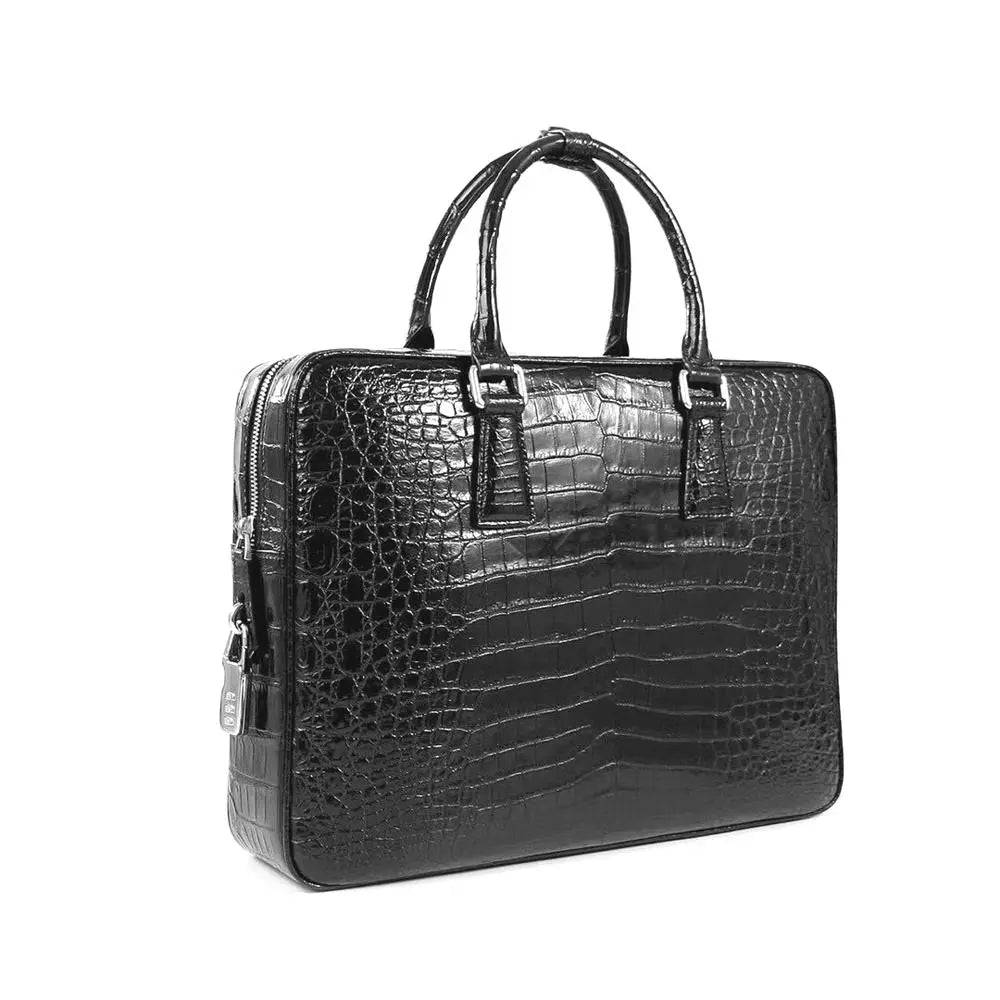 Rossie Viren crocodile leather laptop briefcase with combination lock, showing sleek design and secure closure.