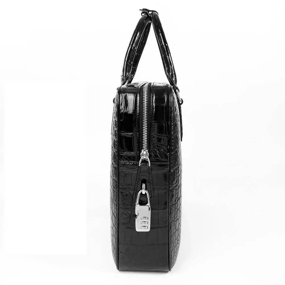 Rossie Viren crocodile leather laptop briefcase with combination lock, featuring a sleek, textured crocodile pattern and sturdy handle.