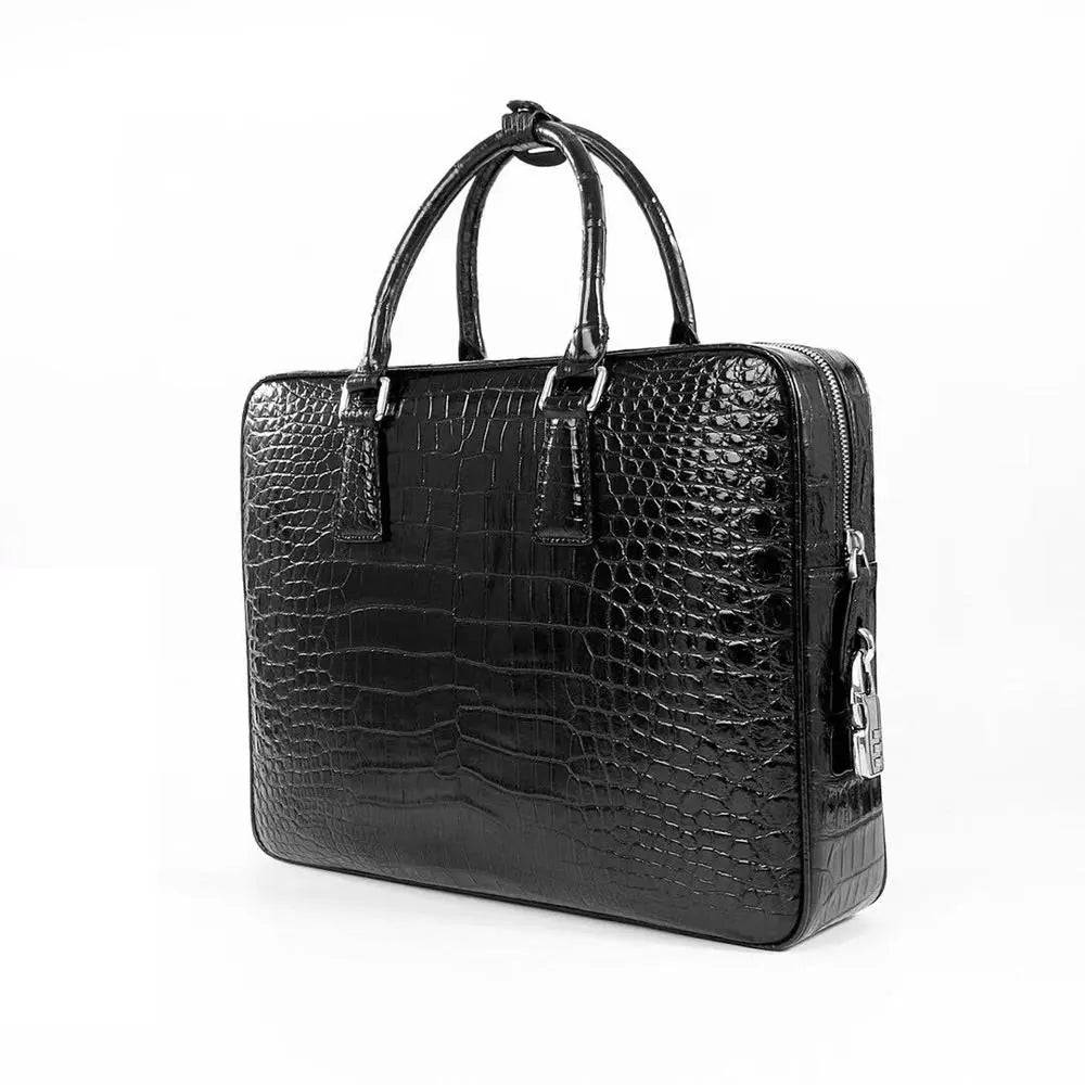 Rossie Viren crocodile leather laptop briefcase with combination lock, featuring a textured crocodile pattern and sturdy handle.