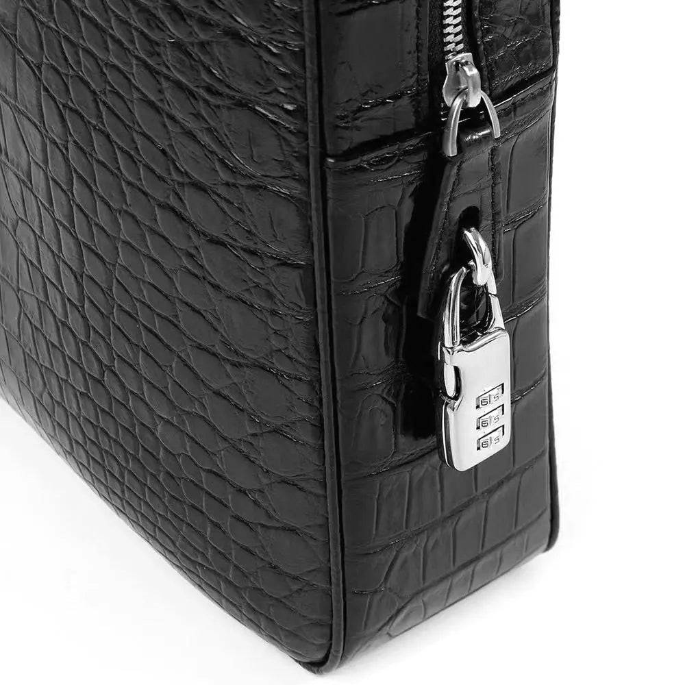 Rossie Viren crocodile leather laptop briefcase with combination lock, featuring a sleek handbag design and secure closure.