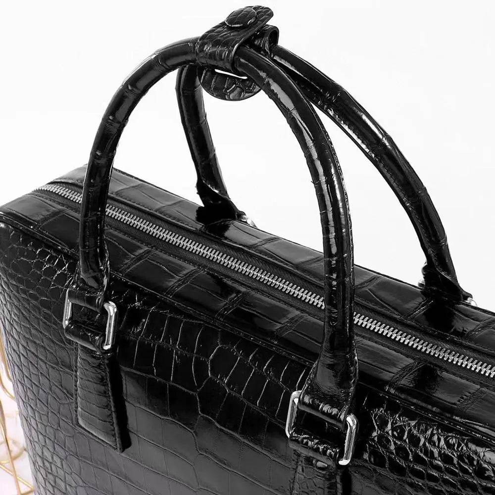 Rossie Viren crocodile leather laptop briefcase with combination lock, featuring a sleek, textured crocodile pattern and sturdy handle.