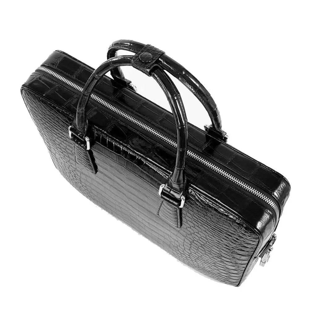 Rossie Viren crocodile leather laptop briefcase with combination lock, featuring a sleek handbag design and sturdy hardware.