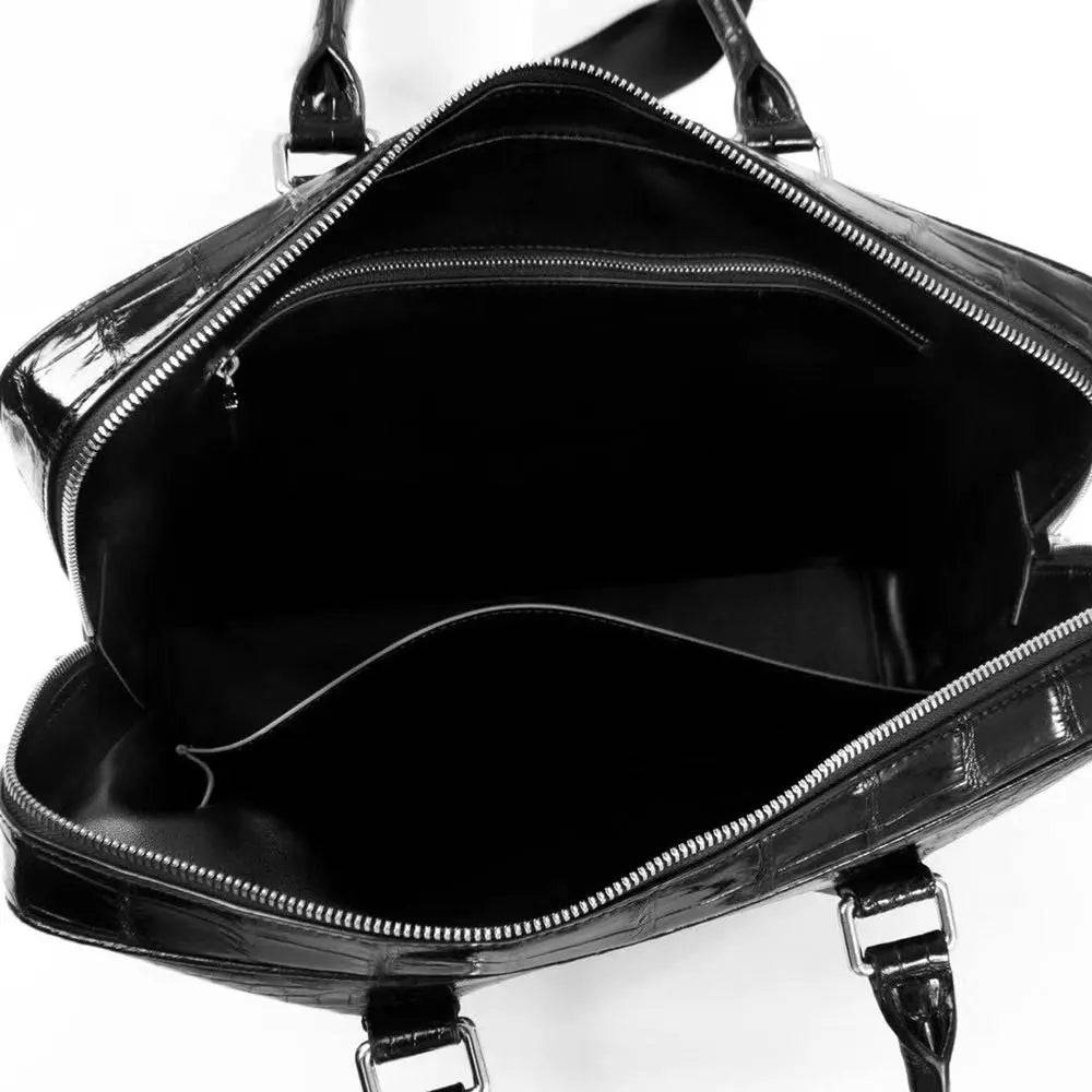 Rossie Viren crocodile leather laptop briefcase with a secure combination lock, featuring a sleek, professional handbag design.