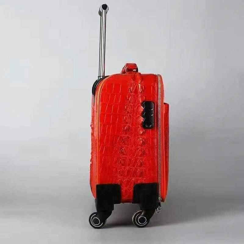 Rossie Viren crocodile leather trolley case with a sleek crocodile pattern, durable handle, and secure latches.