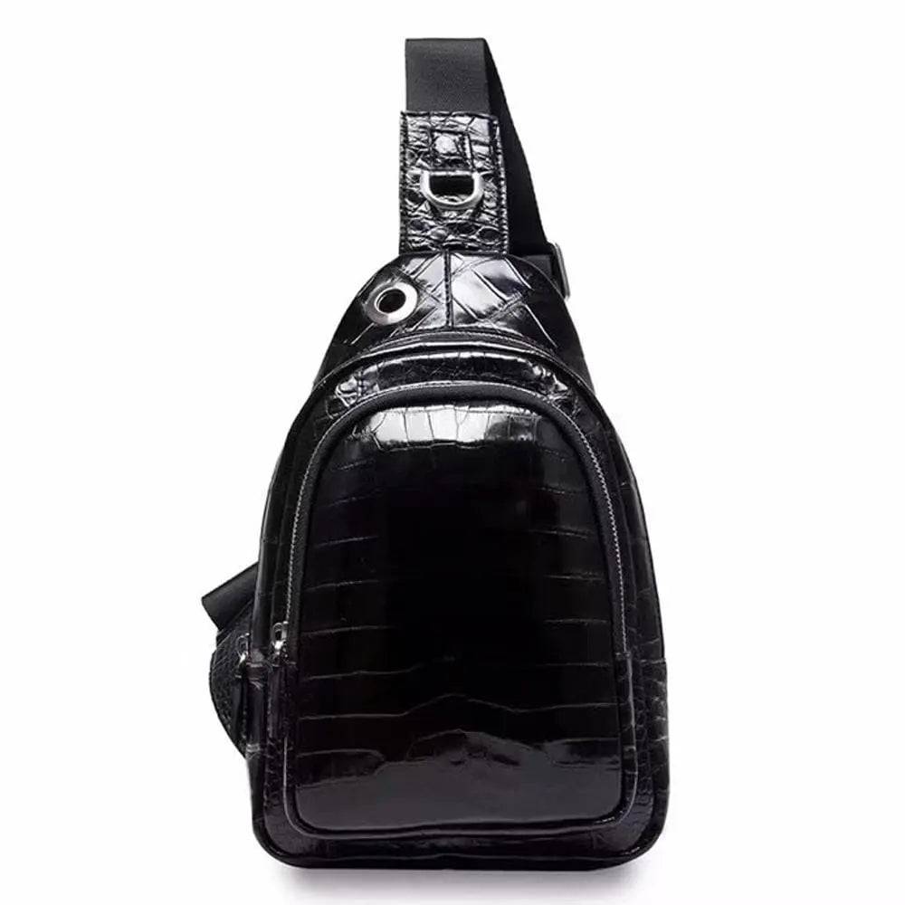 Rossie Viren crocodile leather men's sling chest bag with adjustable shoulder strap and multiple compartments for travel and hiking.