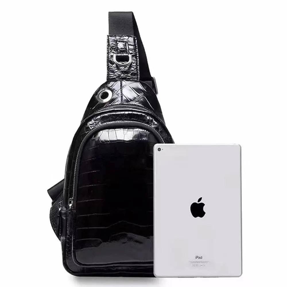 Crocodile leather men's sling chest bag by Rossie Viren, featuring a compact messenger design with shoulder strap for travel and hiking.