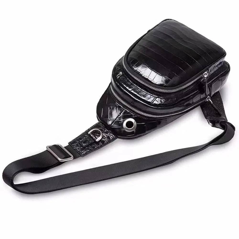 Rossie Viren crocodile leather men's sling chest bag with adjustable shoulder strap and multiple compartments for travel and hiking.