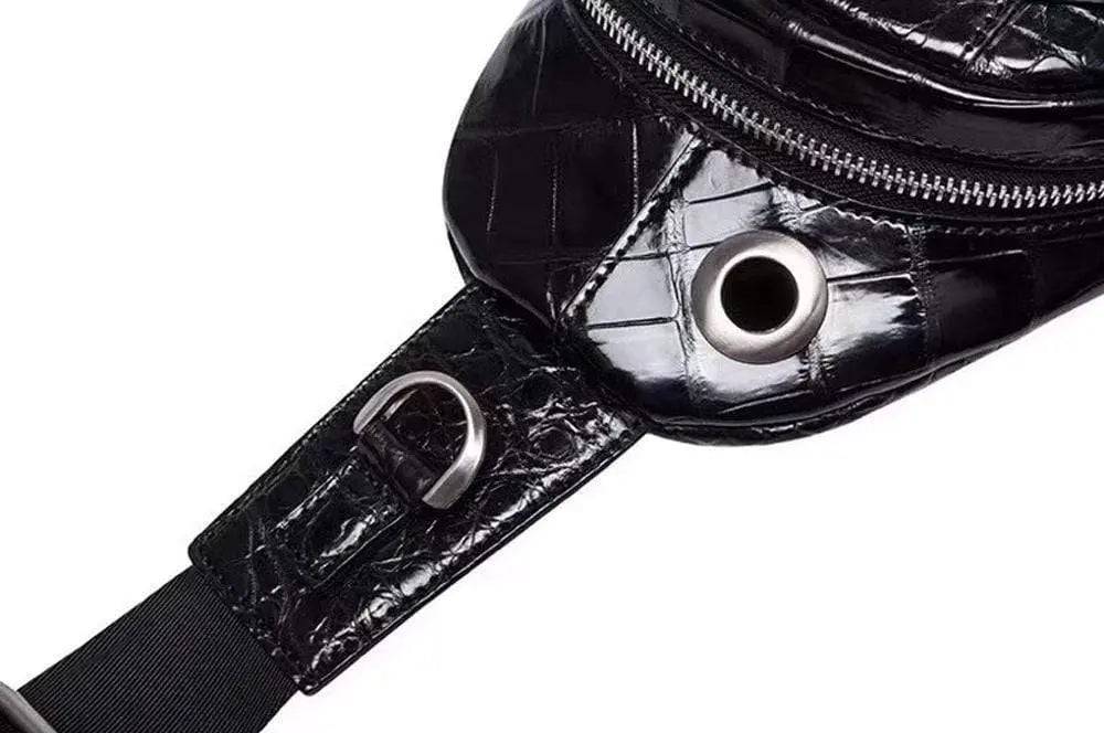Crocodile leather men's sling chest bag by Rossie Viren, showing a stylish messenger shoulder handbag for travel and hiking.
