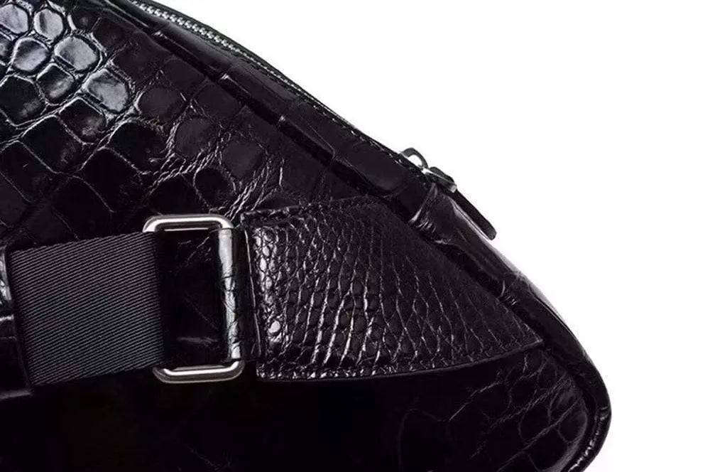Rossie Viren crocodile leather men's sling chest bag with shoulder strap, suitable for travel, hiking, and casual use.