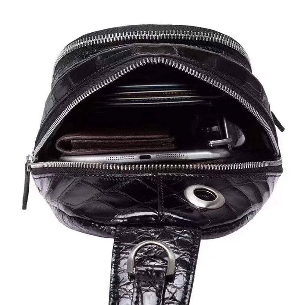 Rossie Viren crocodile leather men's sling chest bag with adjustable shoulder strap, ideal for travel and hiking.
