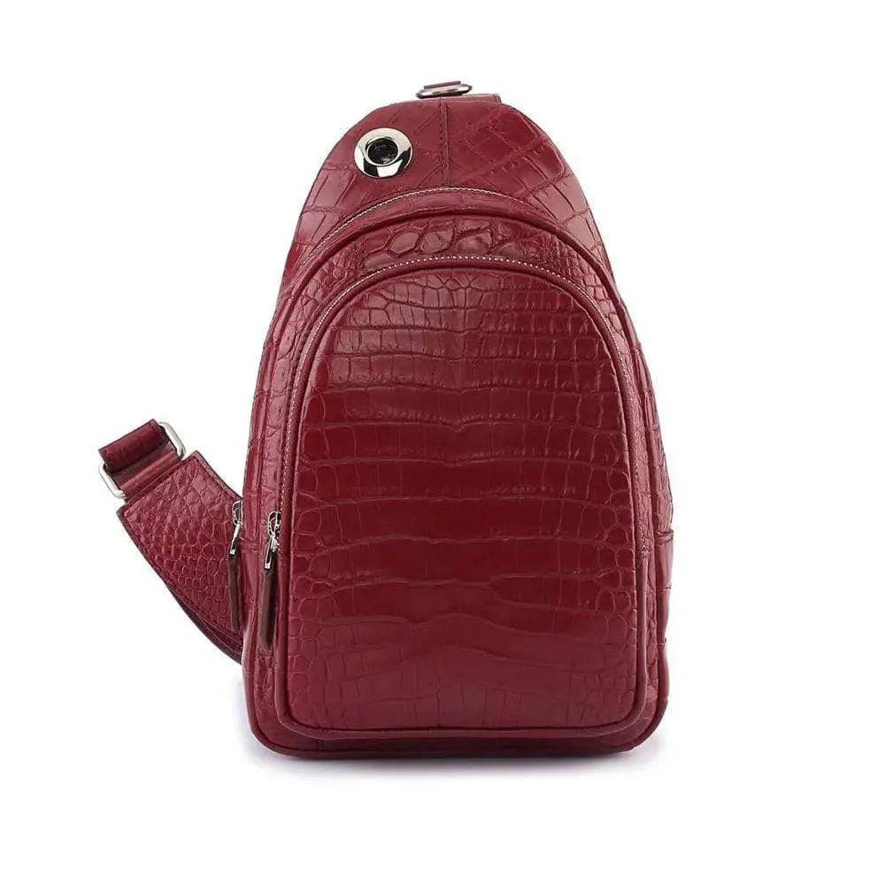 Rossie Viren crocodile leather men's sling chest bag with adjustable shoulder strap, ideal for travel, hiking, and everyday use.