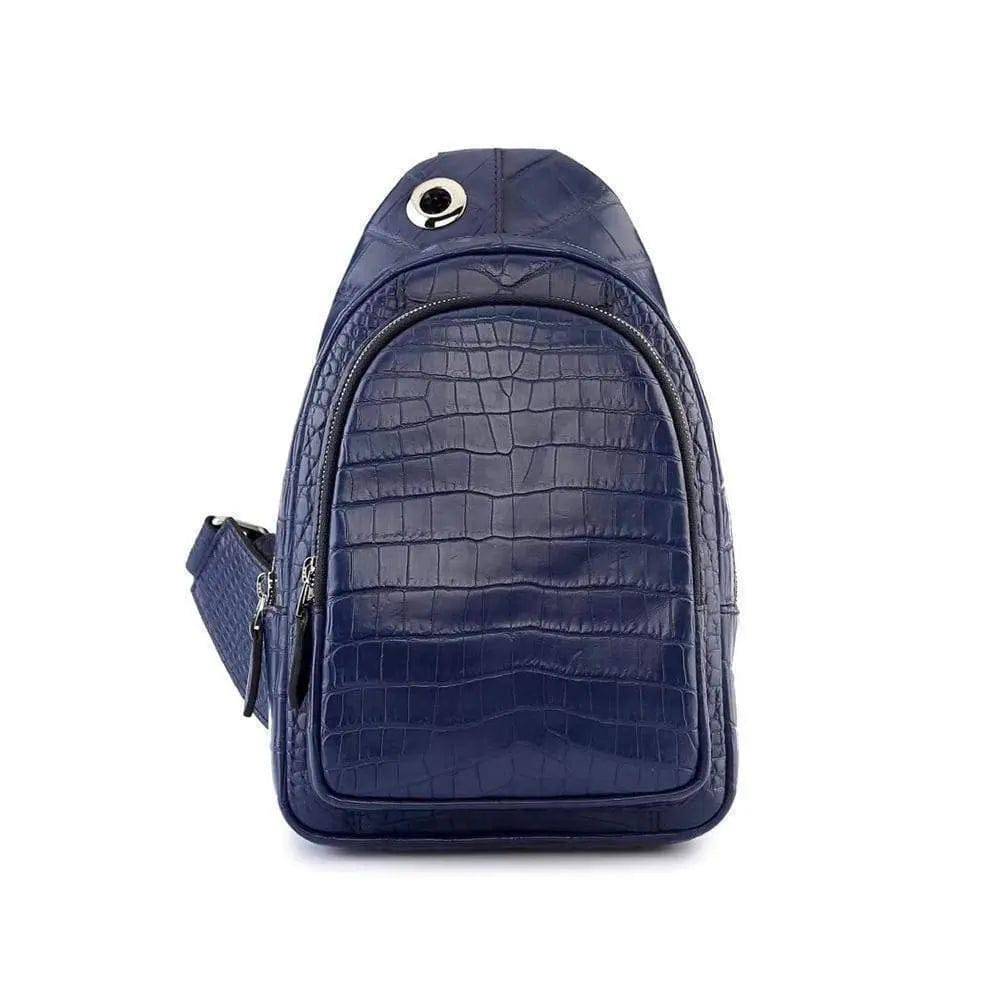 Rossie Viren crocodile leather men's sling chest bag with adjustable shoulder strap, suitable for travel, hiking, and everyday use.