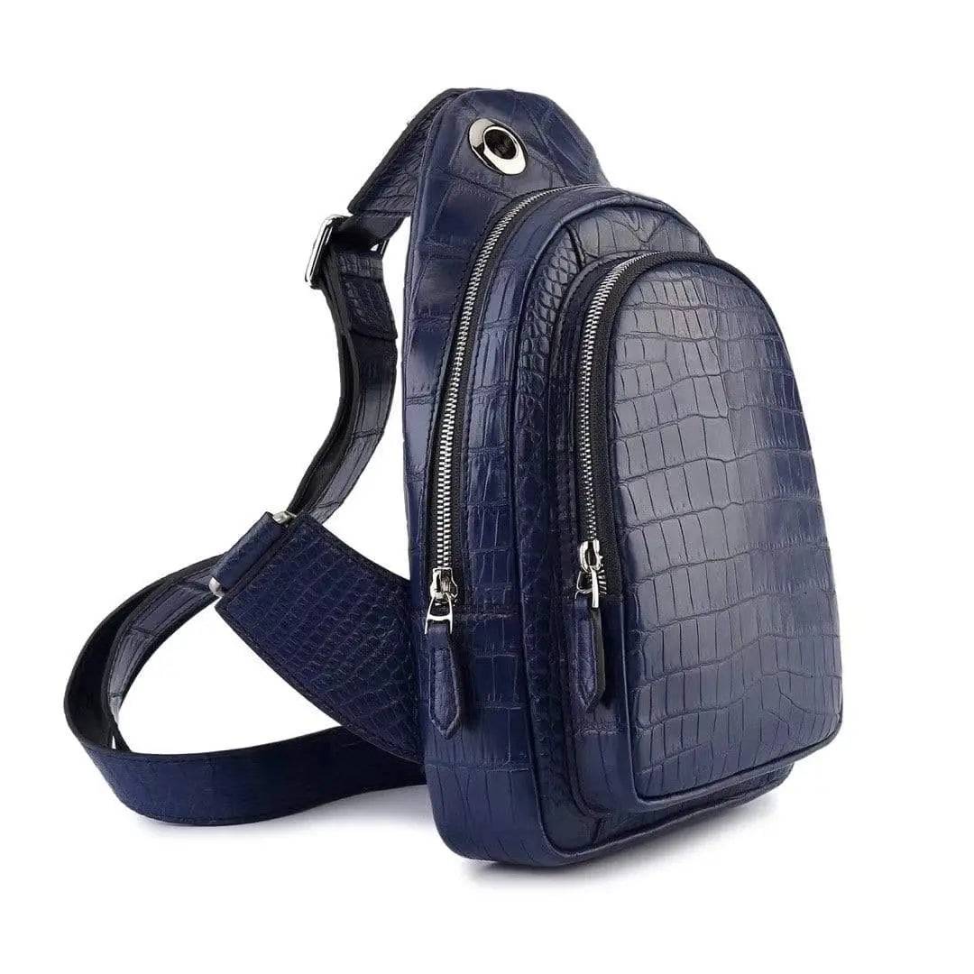 Rossie Viren crocodile leather men's sling chest bag with adjustable shoulder strap, ideal for travel, hiking, and everyday use.