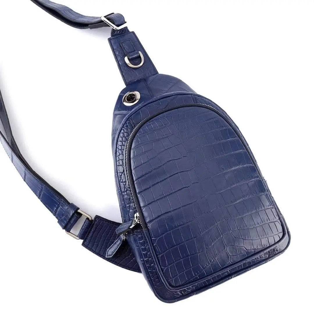 Rossie Viren crocodile leather men's sling chest bag with shoulder strap, ideal for travel, hiking, and everyday use.