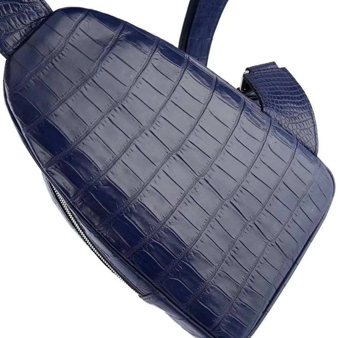 Rossie Viren crocodile leather men's sling chest bag with adjustable shoulder strap, ideal for travel, hiking, and everyday use.