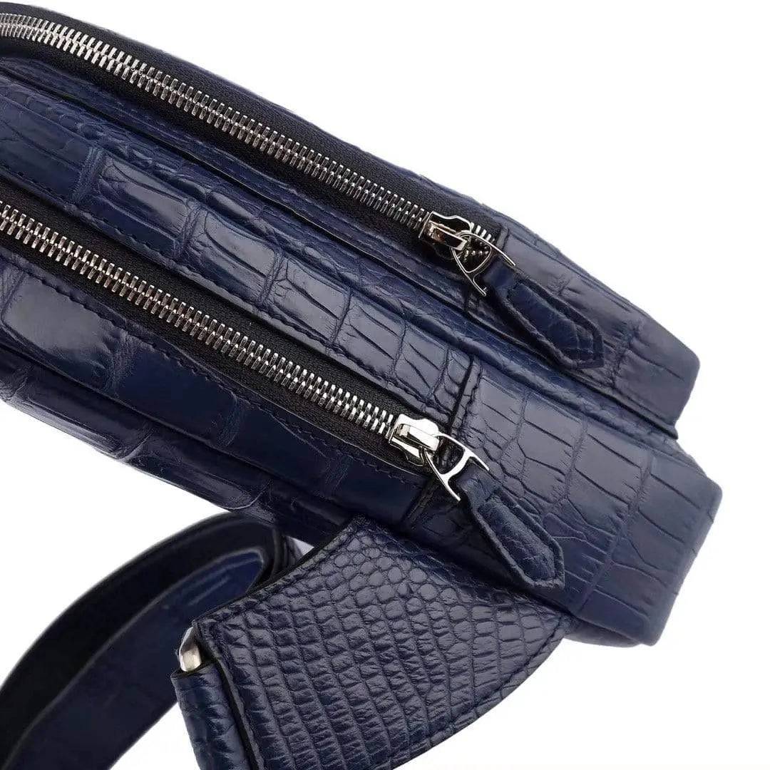 Rossie Viren crocodile leather men's sling chest bag with adjustable shoulder strap, ideal for travel and hiking.