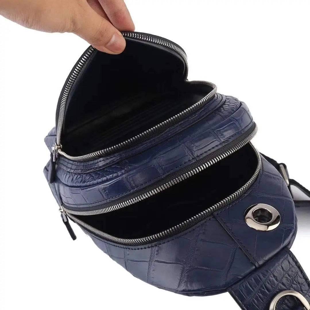 Rossie Viren crocodile leather men's sling chest bag with adjustable shoulder strap, suitable for travel, hiking, and everyday use.