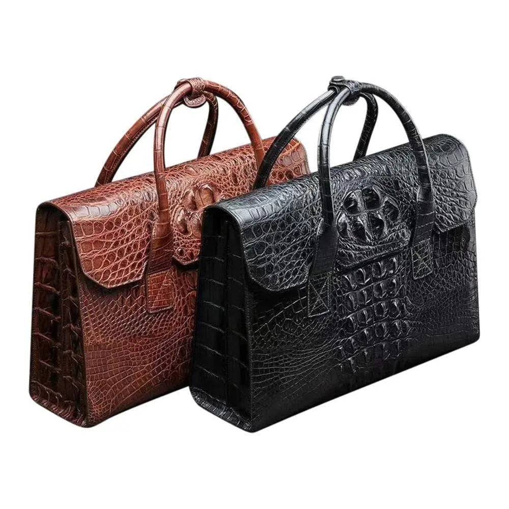 Rossie Viren crocodile leather foldover briefcase handbag with sleek design and sturdy handle, showcasing luxurious textured leather.