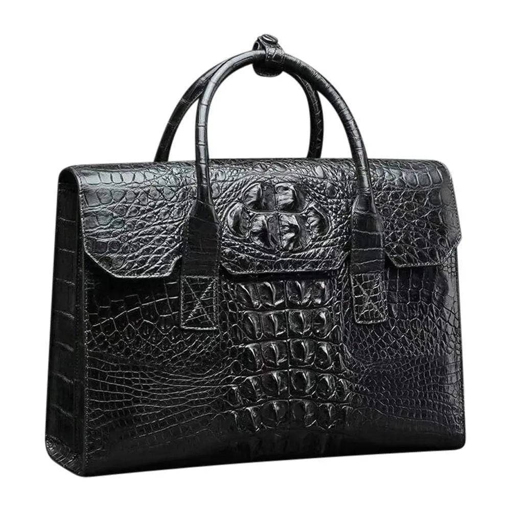 Crocodile leather foldover briefcase handbag by Rossie Viren featuring sleek design and sturdy handle for professional use.