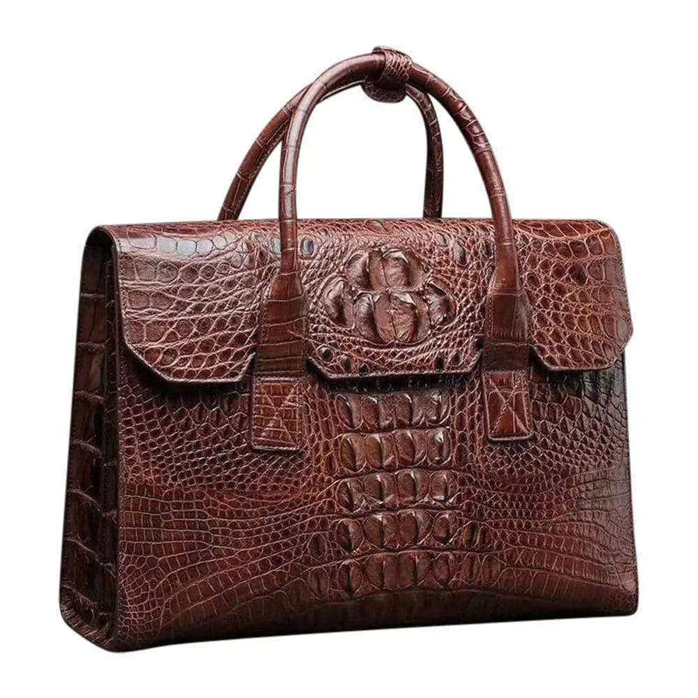 Rossie Viren crocodile leather foldover briefcase handbag with sleek design and textured crocodile pattern.